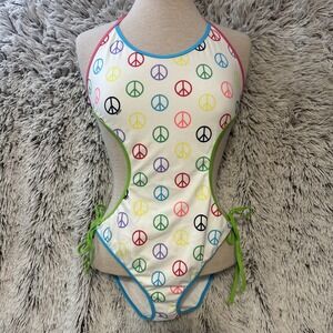 Vtg Y2K Victoria's Secret PINK Monokini 1 Piece Cut Out Swim Polka Peace LARGE
